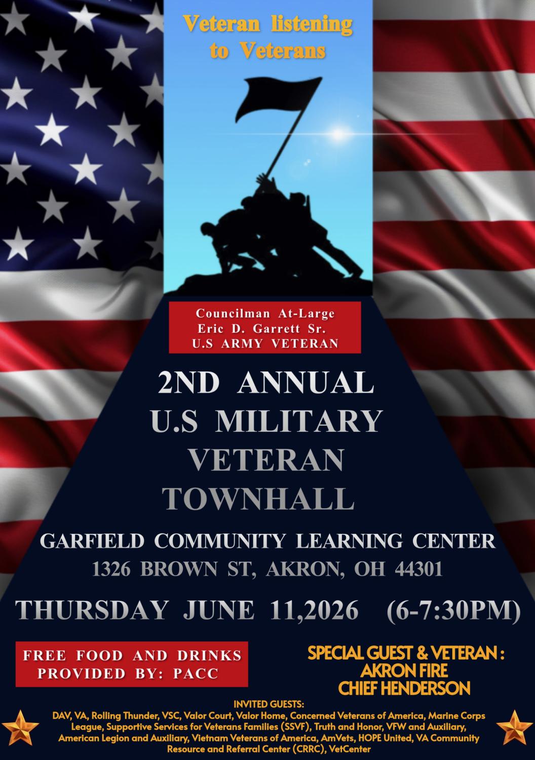 flyer advertising 2nd annual military town hall on June 11, 2026 6:00 p.m. at Garfield Community Learning Center