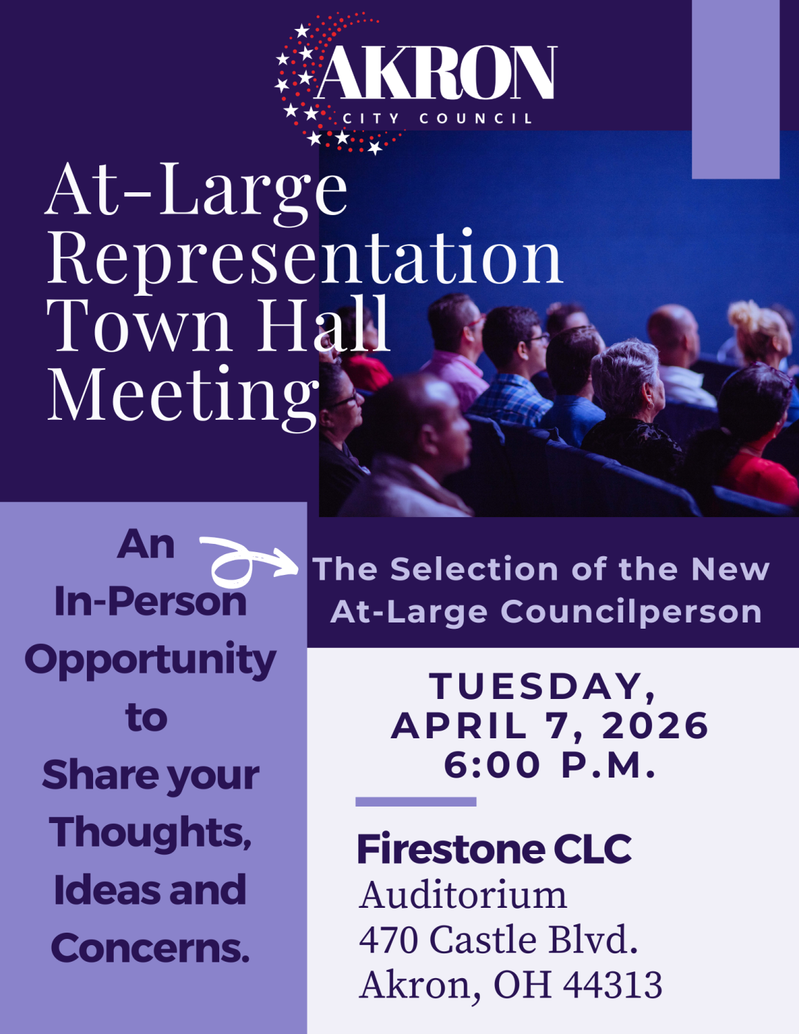 Flyer for At Large Representation Town Hall April 7 at Firestone CLC