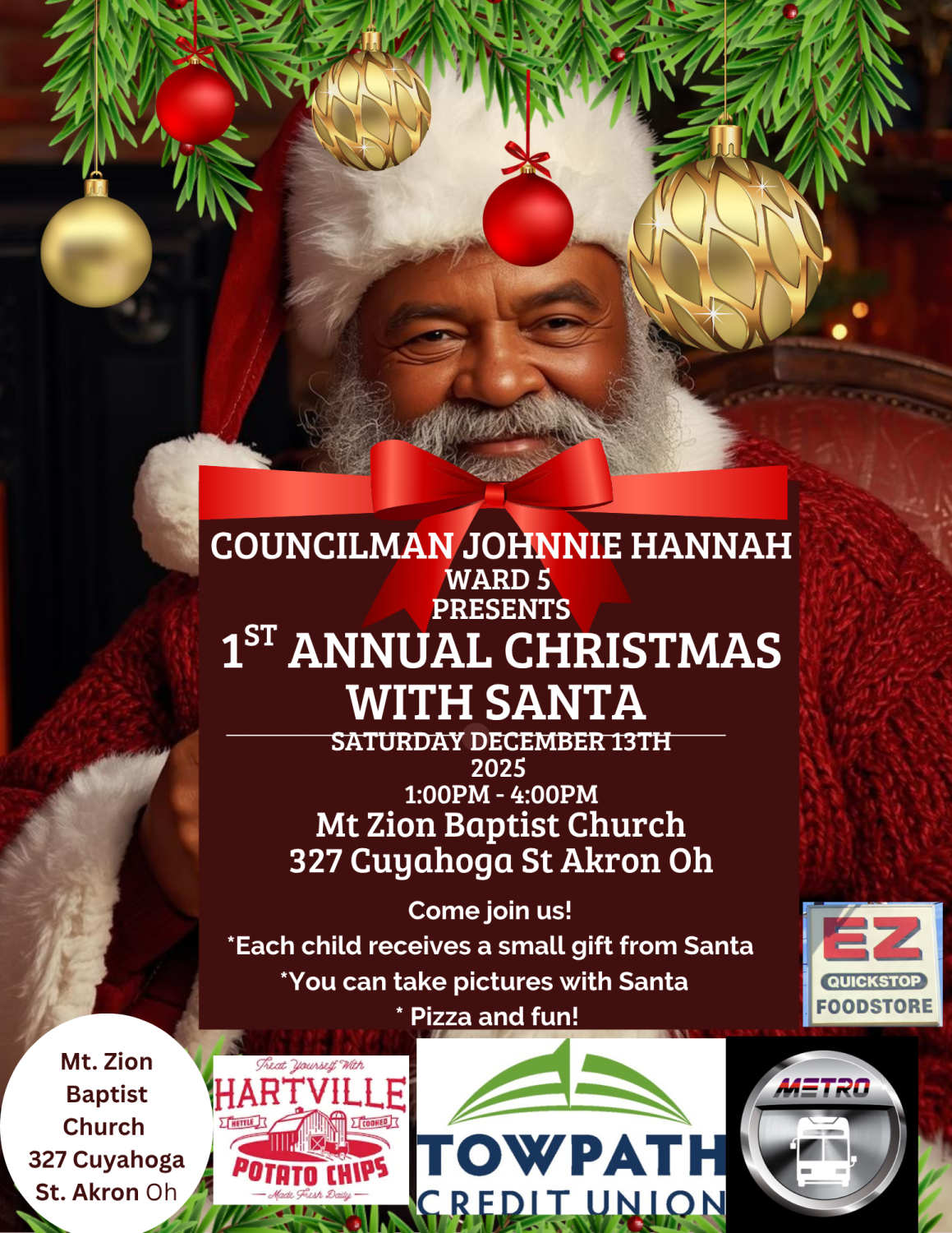 Christmas with Santa flyer announcing the event for Saturday, December 13th from 1:00 to 4:00 p.m. at Mt Zion Baptist Church