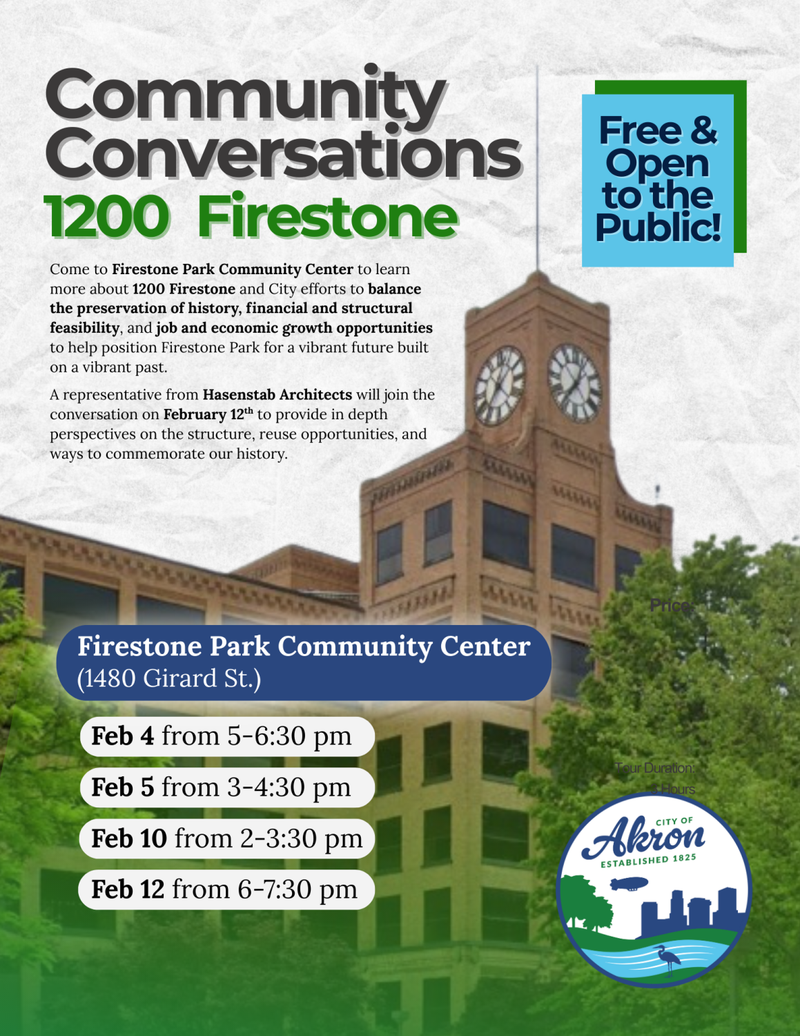 flyer regarding scheduled dates for Community Conversations 1200 Firestone