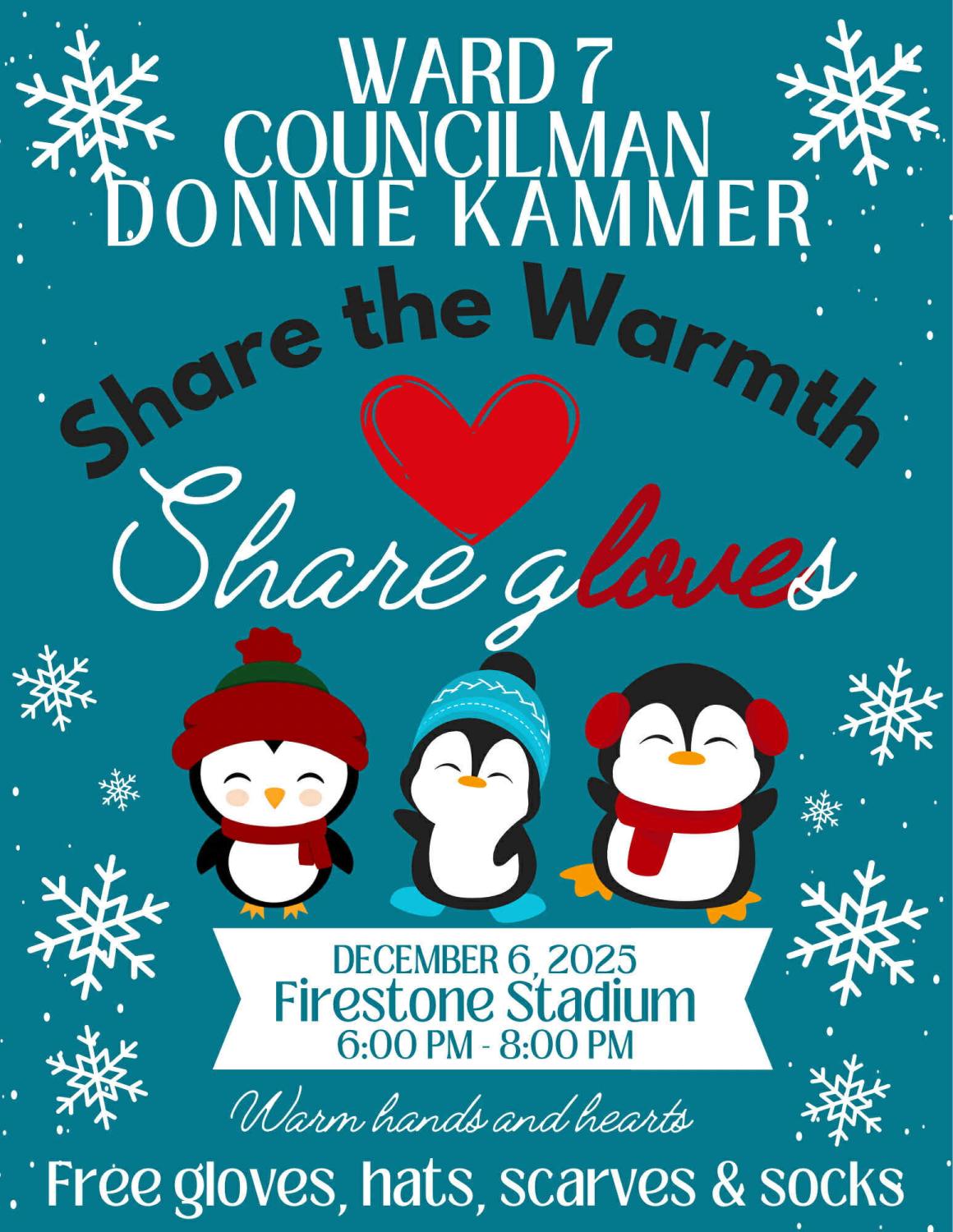 flyer for December 6, 2025 Share the Warmth event at Firestone Stadium from 6:00 to 8:00 pm